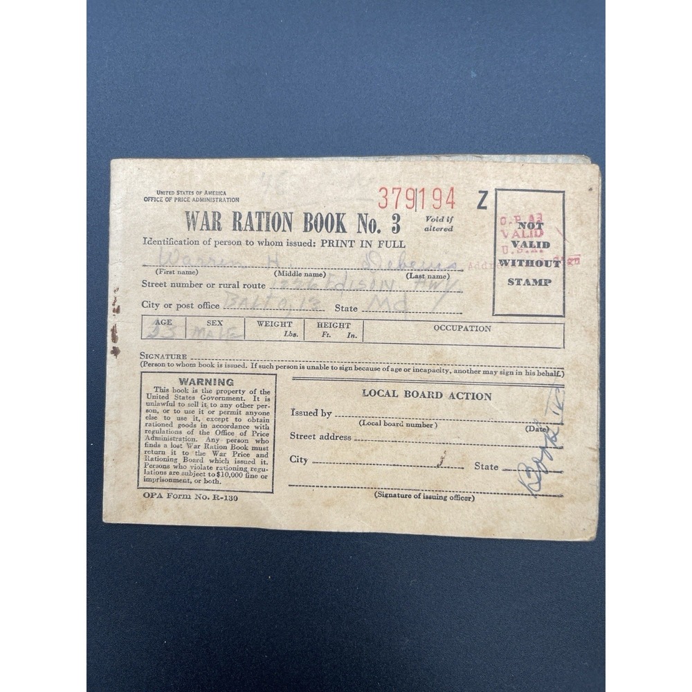 WWII War Ration Book No 3 Complete Stamps OPA Baltimore MD Named 1060